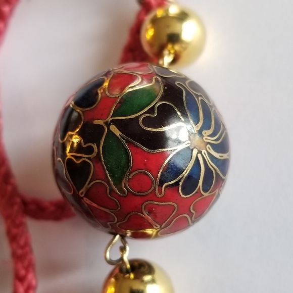 Vintage tassel necklace cloisonne bead red gold tone long cord - Picture 15 of 16